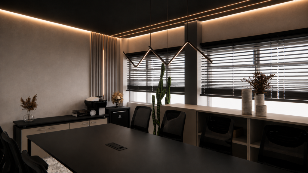 Drywall em ambiente corporativo: sala de reunião projetada pela Atuance Decore